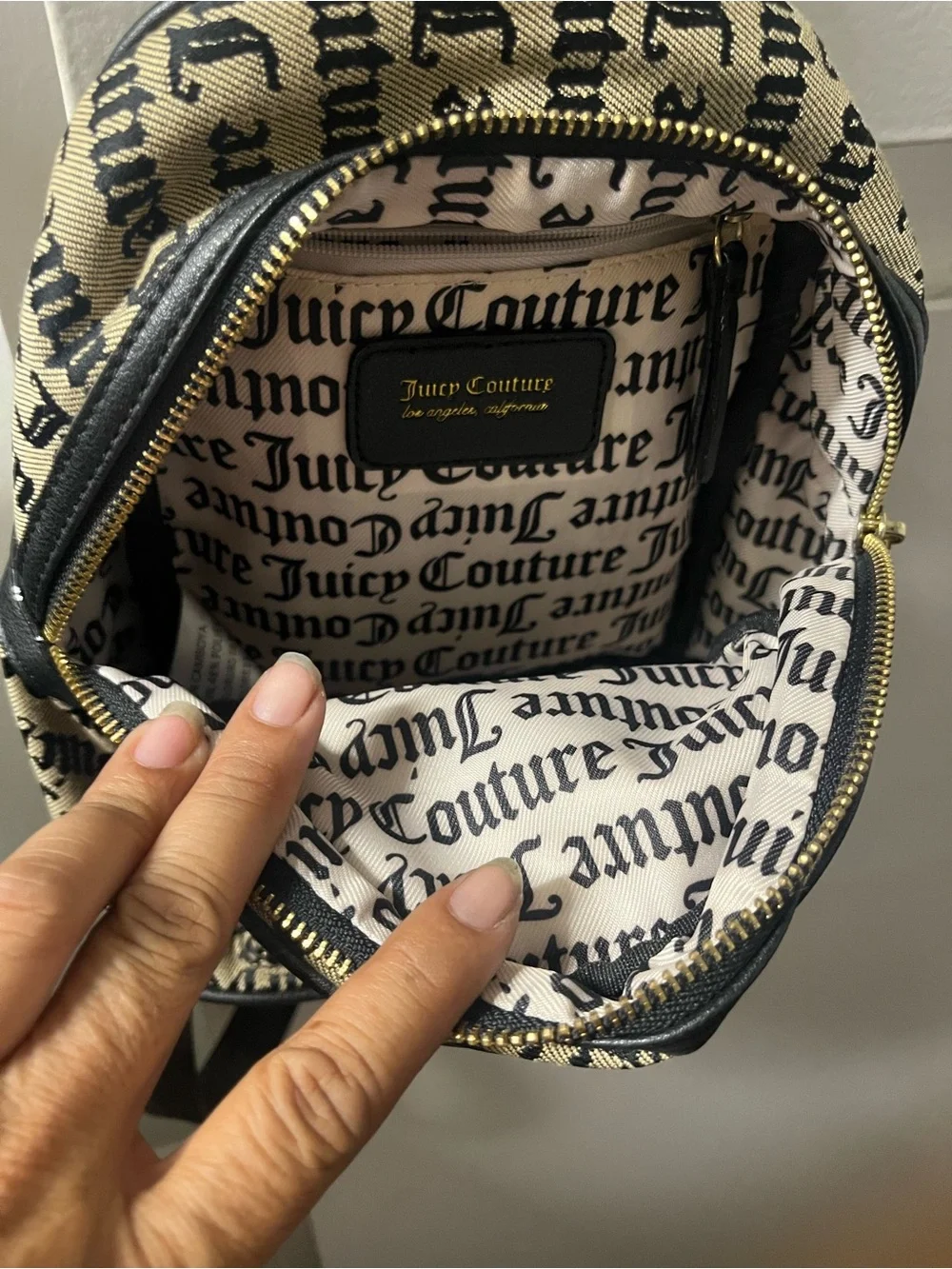 Juicy Couture Black & Cream Logo Mini Backpack with Gold Hardware
